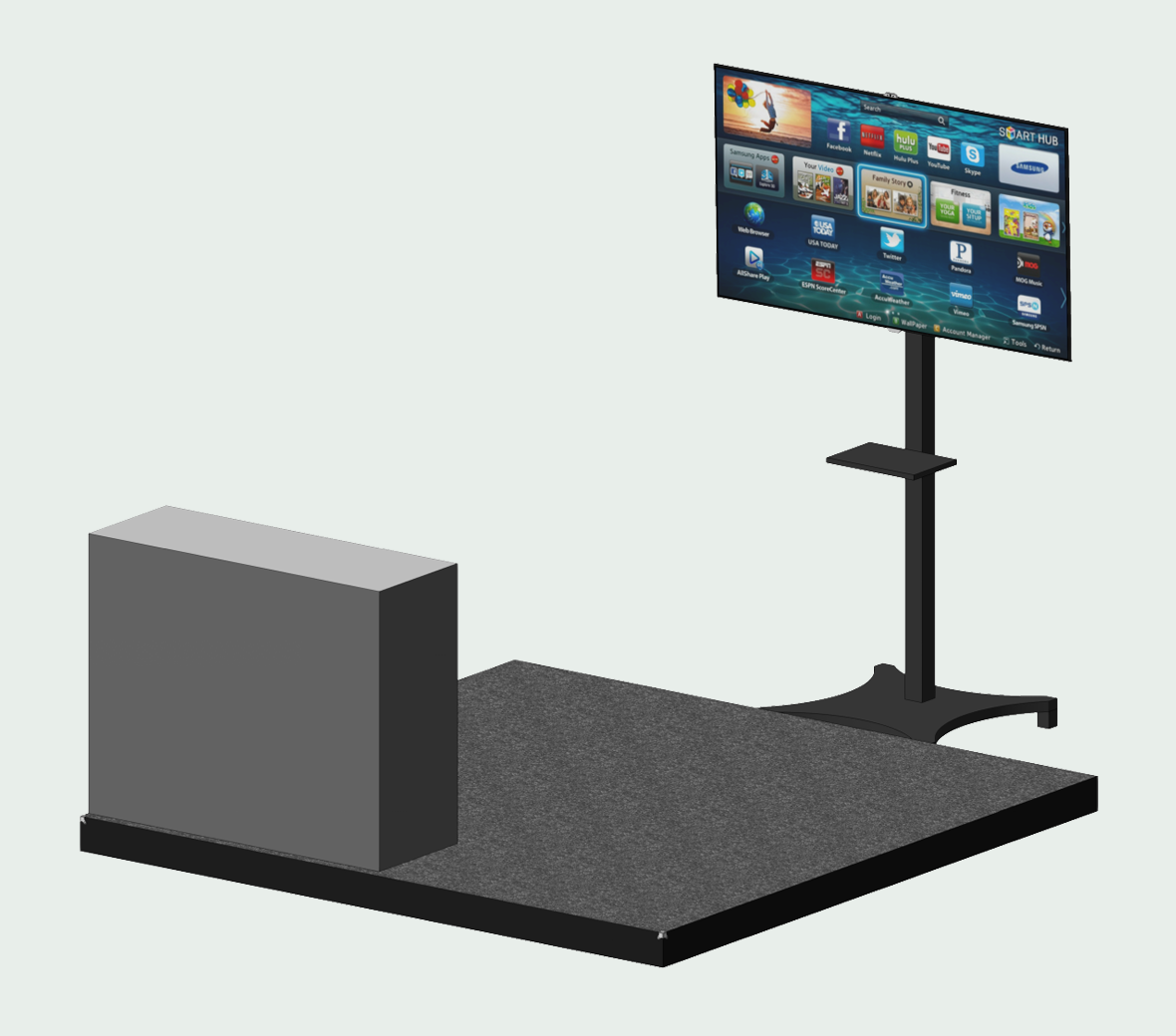Illustration of a 2 by 2 metre exhibition stand with branded counter and large screen